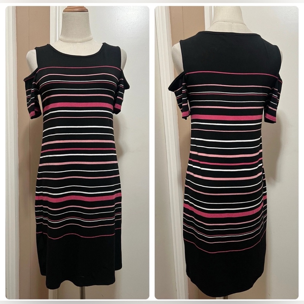 White House Black Market Cold Shoulder Striped Trapeze Midi Dress! Size Medium.